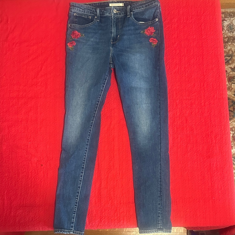 Levi's 721 High Rise Skinny Blue Denim Jeans with Red Floral Detail